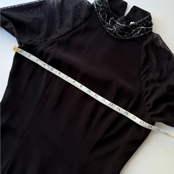 Vintage Black Tie Oleg Cassini Dress w/ Sheer Long Sleeves Beaded Detail Maxi - Picture 14 of 16